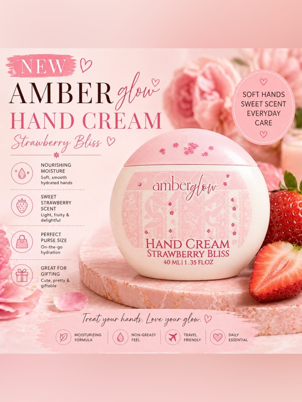 NEW Amber Glow Hand Cream Strawberry Bliss 1.35 oz Travel Size